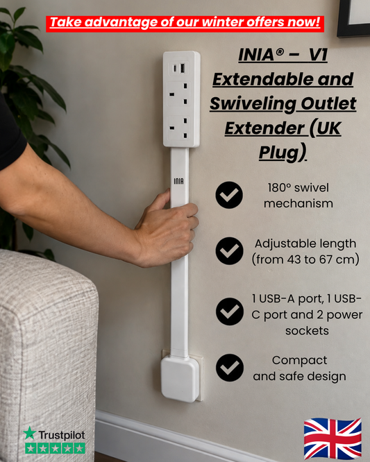 INIA® V1 - Extendable and Swiveling Outlet Extender (UK Plug)